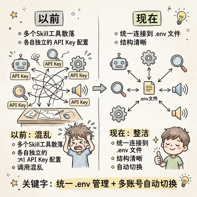 以前多个 API Key 分散管理 vs 现在统一 .env 整洁管理